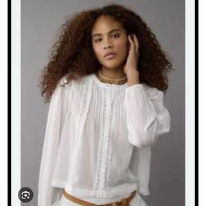 American Eagle Pintuck Sheer White Long Sleeve Boho Blouse Sz M